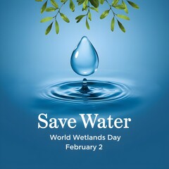 Save Water - World Wetlands Day Observed on February 2, High-Quality 3D Illustration of a Water Droplet Falling into a Rippled Water Surface with Floating Green Leaves, Promoting Water Conservation an