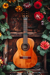 Guitarra espa&ntilde;ola con flores en una caja de madera r&uacute;stica