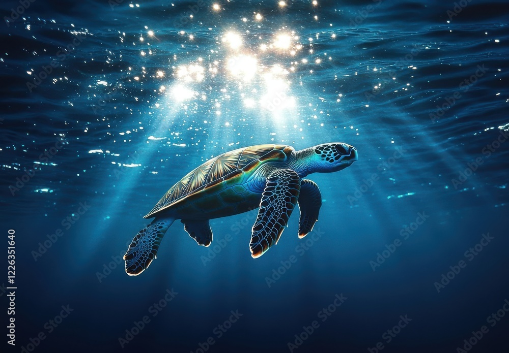 Poster graceful sea turtle swimming underwater in sunlit ocean with rays of light filtering through the sur
