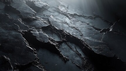 Dramatic Dark Grey Rocks Intense Light Beams Jagged Texture. AI Generated