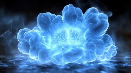 Obraz premium Futuristic abstract design of a blue light explosion forming a radiant human eye in space, symbolizing AI-driven vision and a moment of divine creation.