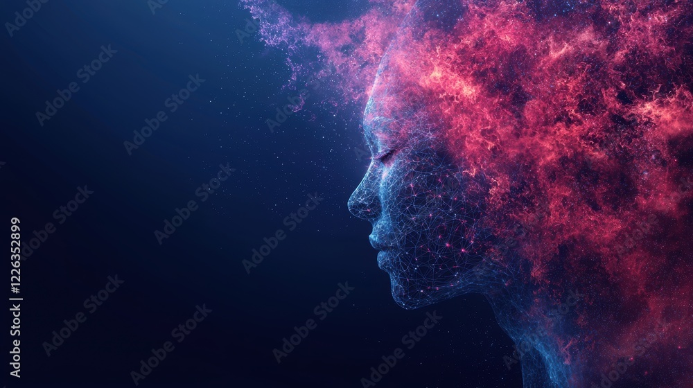Poster futuristic ai robot face with glowing features surrounded by abstract cosmic elements