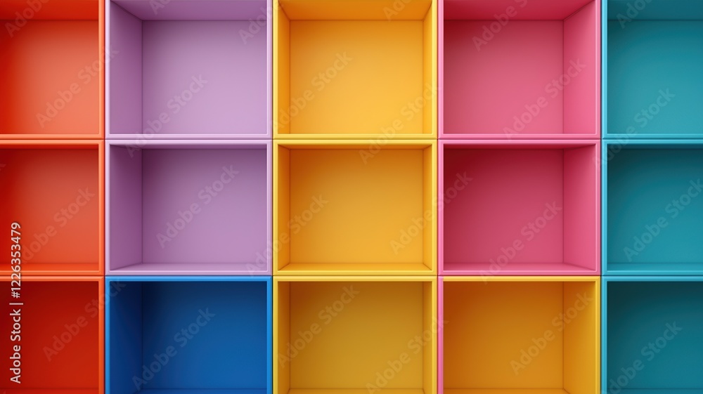 Poster sustainable furniture concepts. colorful empty storage boxes arranged in a grid pattern.