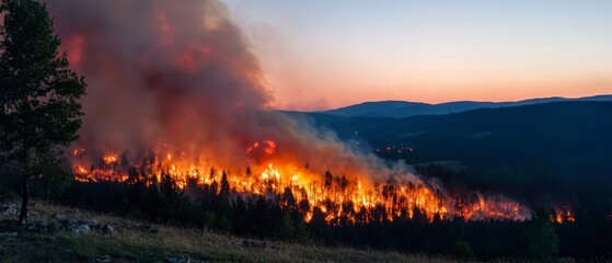 Dramatic Forest Fire at Dusk  Intense Flames and Smoke