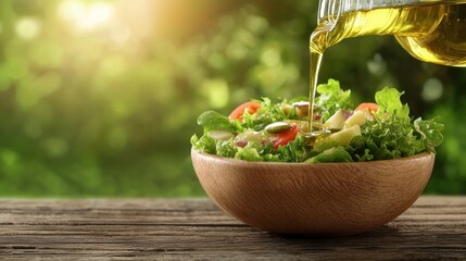 Hand pouring olive oil over a fresh green salad in a wooden bowl with natural background