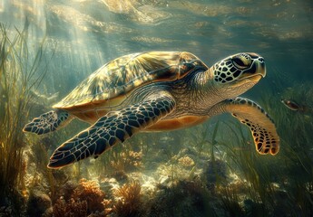 Obraz premium Majestic Green Sea Turtle Gliding Through Coral Reef in Vibrant Underwater Scene with Sunlight Filtering Through Water Surface