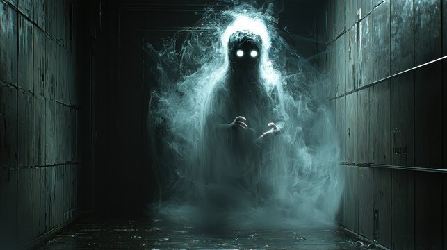 Ethereal Specter in a Gloomy Corridor