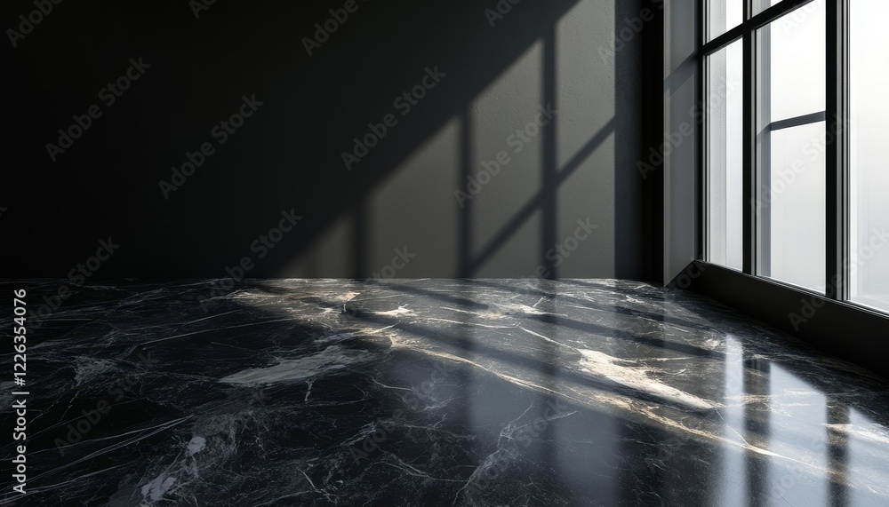 Poster sunlight streams into a dark room with marble flooring and a large window.