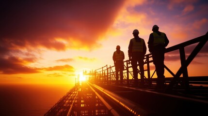 Fototapeta premium workers close up back construction concept. Silhouetted workers on a platform at sunset, showcasing teamwork and industry.