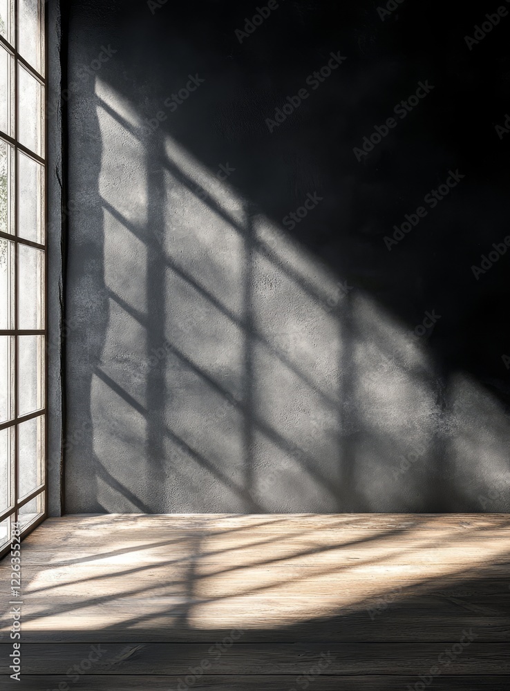 Poster sunlight streams through a window into a dark room, illuminating a wooden floor and textured wall.