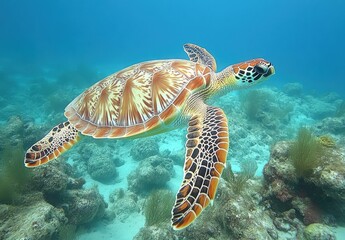 Obraz premium Majestic Sea Turtle Gliding Gracefully Through Clear Blue Waters Above Vibrant Coral Reef Surrounded by Colorful Marine Life in Serene Underwater Environment