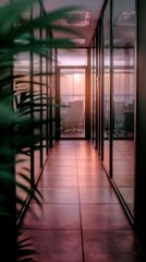 Modern Office Corridor  Sunset View  Glass Walls  Interior Design