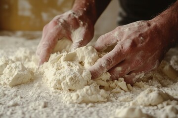 Fototapeta premium Hands Kneading Dough with Flour on a Wooden Surface in Kitchen