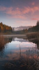 Fototapeta premium Serene sunrise over a tranquil lake reflecting the colorful sky and surrounding autumnal forest.