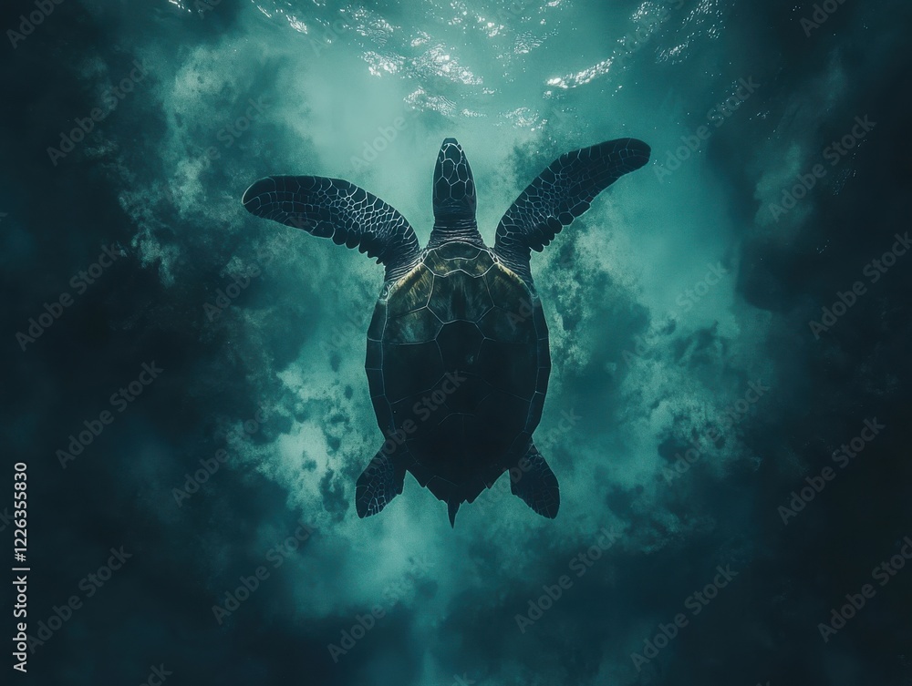 Poster majestic sea turtle gliding gracefully through deep ocean waters surrounded by bubbles and light ray