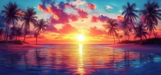 Tropical Sunset Beach Scene with Silhouetted Palm Trees and Ocean Reflections