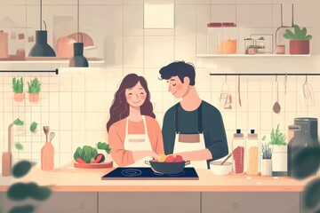 Cozy Kitchen Scene with Couple Preparing Fresh Ingredients Together