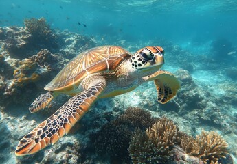 Fototapeta premium Majestic Sea Turtle Gliding Gracefully Through Vibrant Coral Reef Under Crystal Clear Ocean Water
