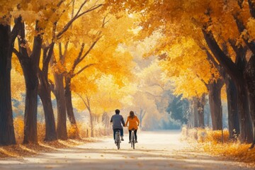 Obraz premium Couple Biking through Autumn Pathway Lined with Golden Trees