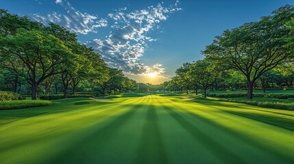 Scenic park landscape with sprawling green grass and mature trees at morning, with sunlight breaking through the foliage and casting gentle shadows.