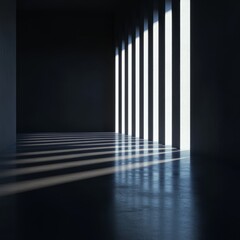 Dark room with sunlight streaming through vertical windows, casting long shadows on the floor.