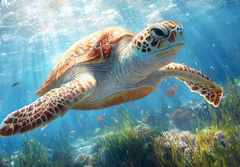 Fototapeta premium Majestic Sea Turtle Gliding Through Clear Ocean Water Surrounded by Colorful Coral Reef and Marine Life in Vibrant Underwater Scene
