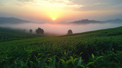 Sunrise over misty tea plantation.