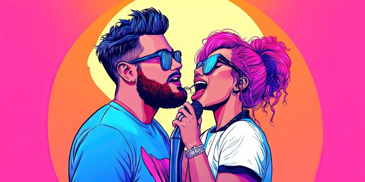 couple singing karaoke duet song into microphone on stage at karaoke club