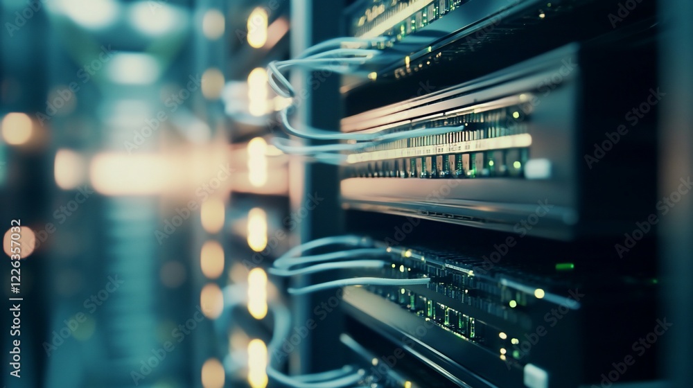 Poster server room with network cables and lights on server racks at data center technology