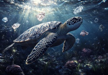 Fototapeta premium Majestic Sea Turtle Gliding Through Crystal Clear Ocean Waters Surrounded by Floating Diamonds and Bubbles Under a Shimmering Sunlight Beam