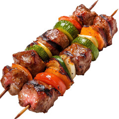 Grilled skewers with meat and colorful vegetables. transparent background