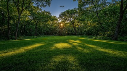 Obraz premium Vibrant park landscape with green grass, tall trees, and the early morning light creating a serene atmosphere perfect for outdoor relaxation.