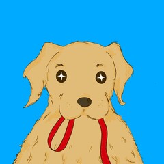 A Golden Retriever Holding a dog leash in Its Mouth Against a Bright Blue Background – A Playful and Adorable Digital Illustration of a Curious Dog with Big, Expressive Eyes and a Misch