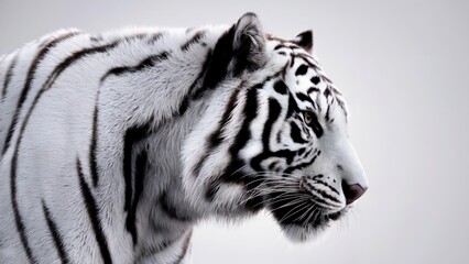 Fototapeta premium A majestic white tiger, its dark stripes contrasting sharply against its pristine fur, is captured in profile, showcasing its power and elegance.