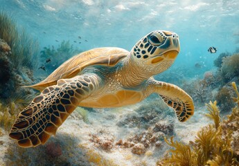 Fototapeta premium Majestic Sea Turtle Gliding Through Crystal Clear Waters Surrounded by Coral Reef and Vibrant Marine Life in a Lush Underwater Environment