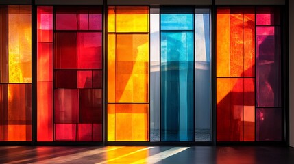 Vibrant stained glass window glows warmly Sunlight streams across rich red orange hues. AI Generated