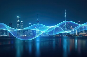 A futuristic cityscape with glowing lines representing data networks and digital connections, symbolizing the smart city and digital connectivity concept. The vibrant blue lights emphasize the interco