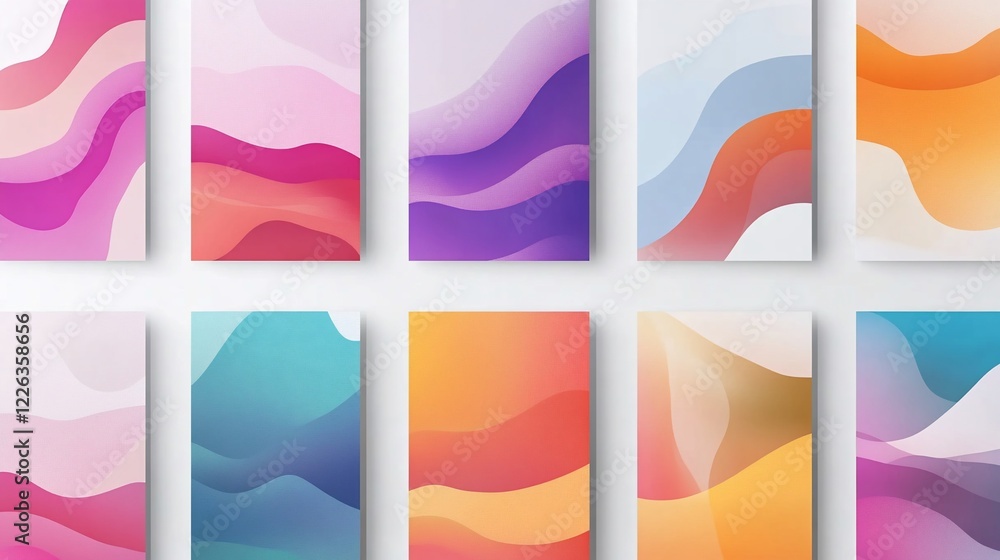 Poster collection of ten abstract colorful wave pattern designs with smooth gradients for backgrounds or te