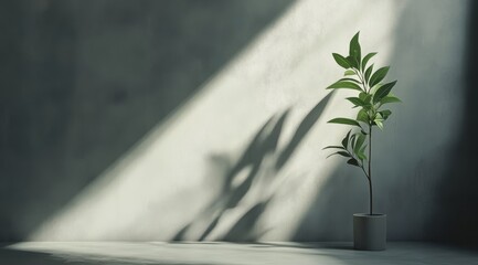 Minimalist plant in pot, sunlight on grey wall.