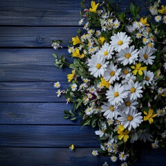 Obraz premium Summer Floral Arrangement Daisies Yellow Flowers Blue Wood Background