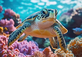Fototapeta premium Majestic Sea Turtle Gliding Through Vibrant Coral Reef Under Clear Blue Ocean Water, Highlighting Marine Life Beauty and Underwater Ecosystem Diversity