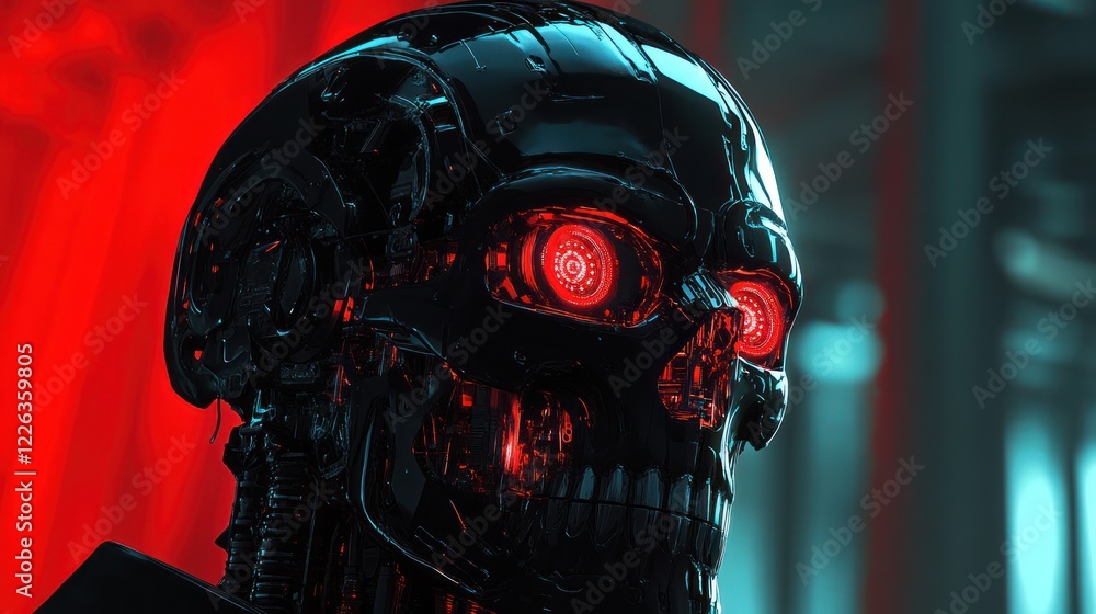 Poster close-up of a robotic skull with glowing red eyes, set against a blurred red and teal background.