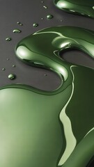 Close-up of glossy, dark green liquid flowing and pooling on a dark surface. The liquid's reflective quality creates abstract shapes and highlights.
