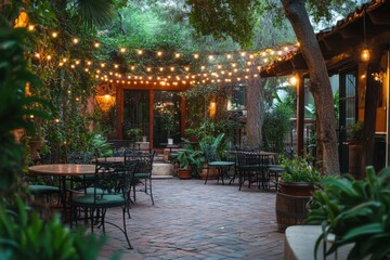 Serene Outdoor Dining Space with String Lights and Greenery