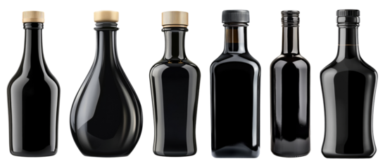 Black bottles for wine or oil isolated on transparent background