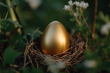 Candlelight illuminating a golden egg in a nest surrounded by flowers and greenery.
