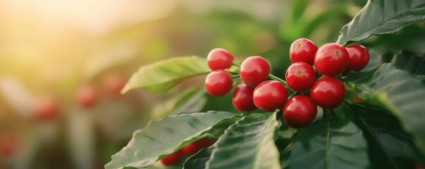 Fresh Coffee Cherries Glimmering Under Intense Sunlight on a Vibrant Green Plant Background