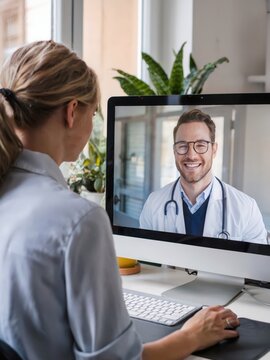 A woman has a virtual healthcare appointment with a doctor on her computer.  Convenient and accessible medical care from the comfort of home.