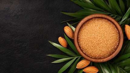 Bowl of brown sugar surrounded by almonds and green leaves on a dark stone background