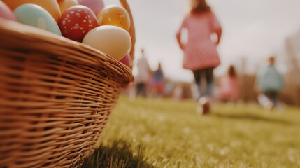 children easter egg hunt with baskets filled with eggs in the park.
